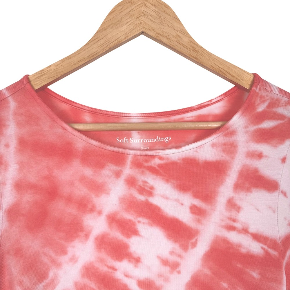 Soft Surroundings Tie Dye Tunic Top S‎ Coral Jersey Stretch Asymmetrical Resort - Picture 4 of 12
